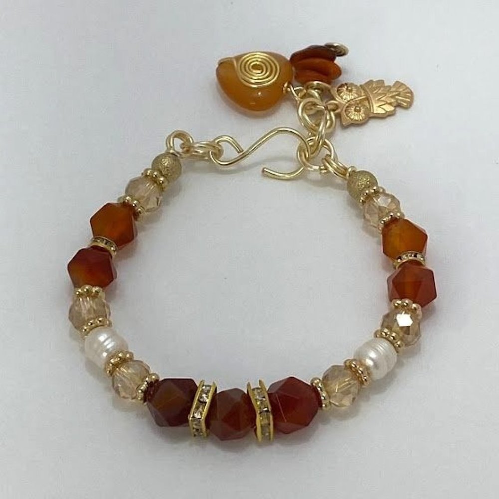 Wire Semi Precious Stone Bracelet with Charms. Gold Brown Agates and Pearl
